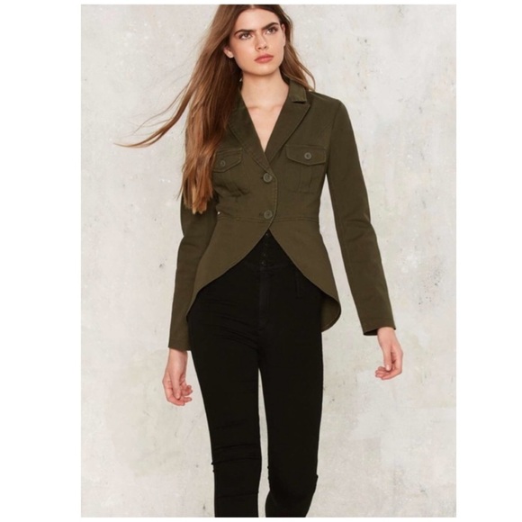 ☘️ Olive Green Twill Battalia Tulip Hem Utility Military Blazer Jacket - Picture 3 of 7